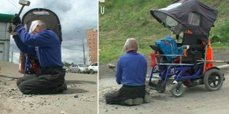 В Красноярске инвалид-колясочник кувалдой разбил мешавший проезду бордюр
