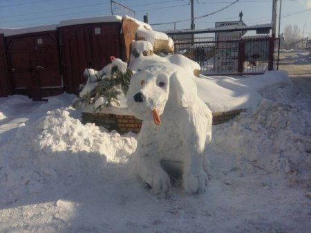 Житель Воронежа вылепил из снега забавную фигуру собаки